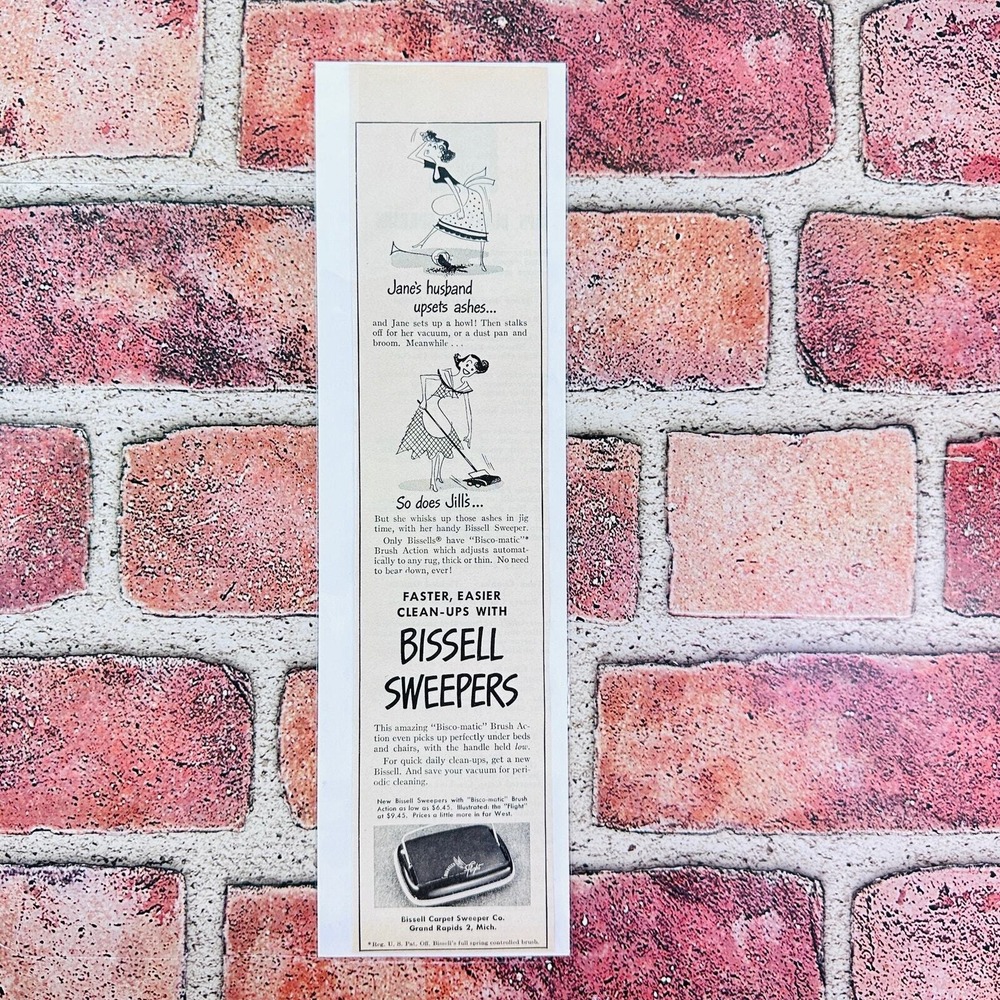 1949 Bissel Sweeper - Smiling Housewife vs Frustrated - Original Retro PRINT AD